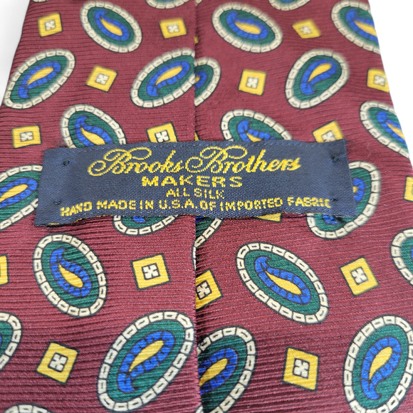 Brooks‎ Brothers Burgundy Red Blue Yellow Diamond Ornaments Men's Silk Neck Tie - Picture 8 of 9